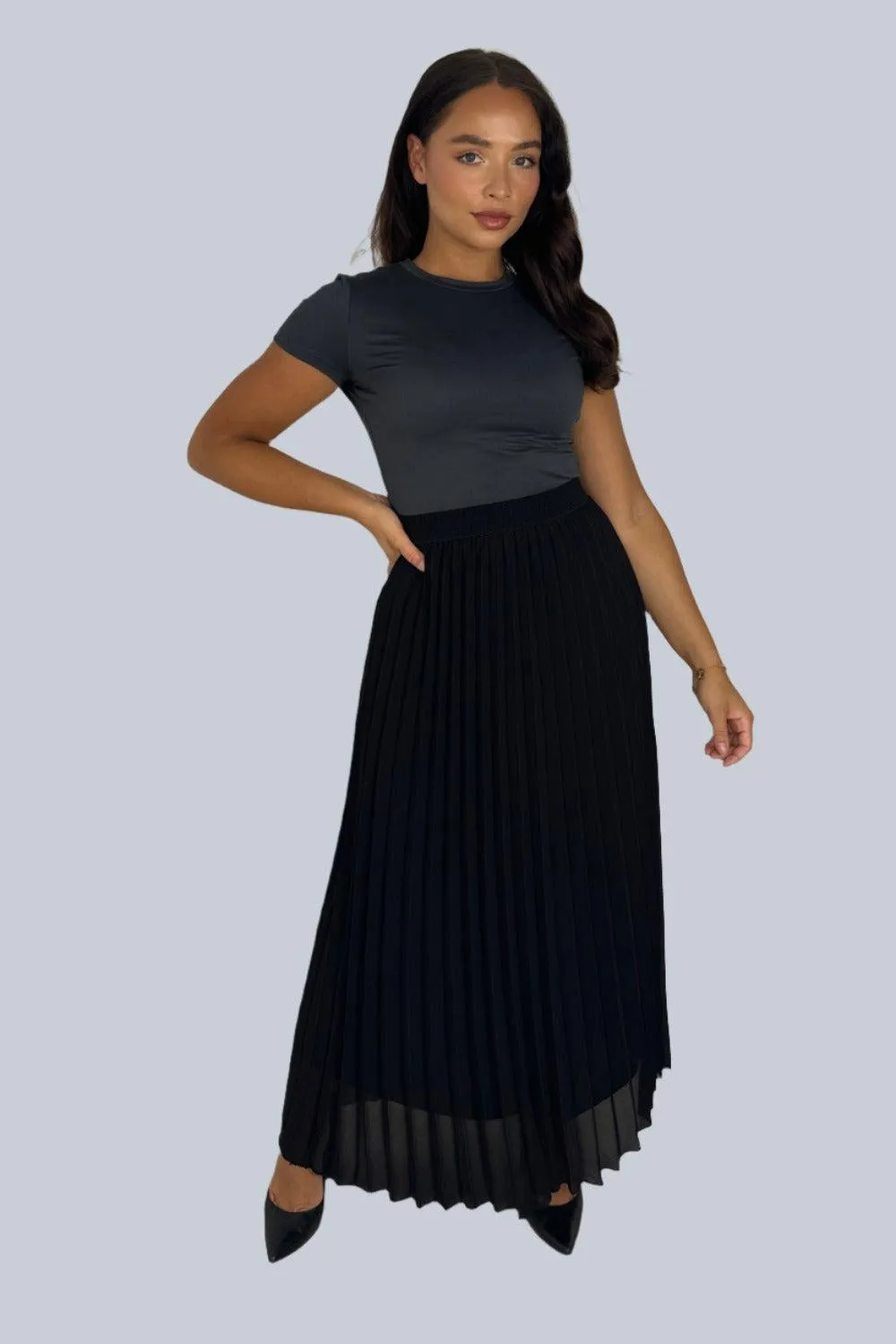 Casual Elasticated High Waist Pleated Chiffon Maxi Skirt