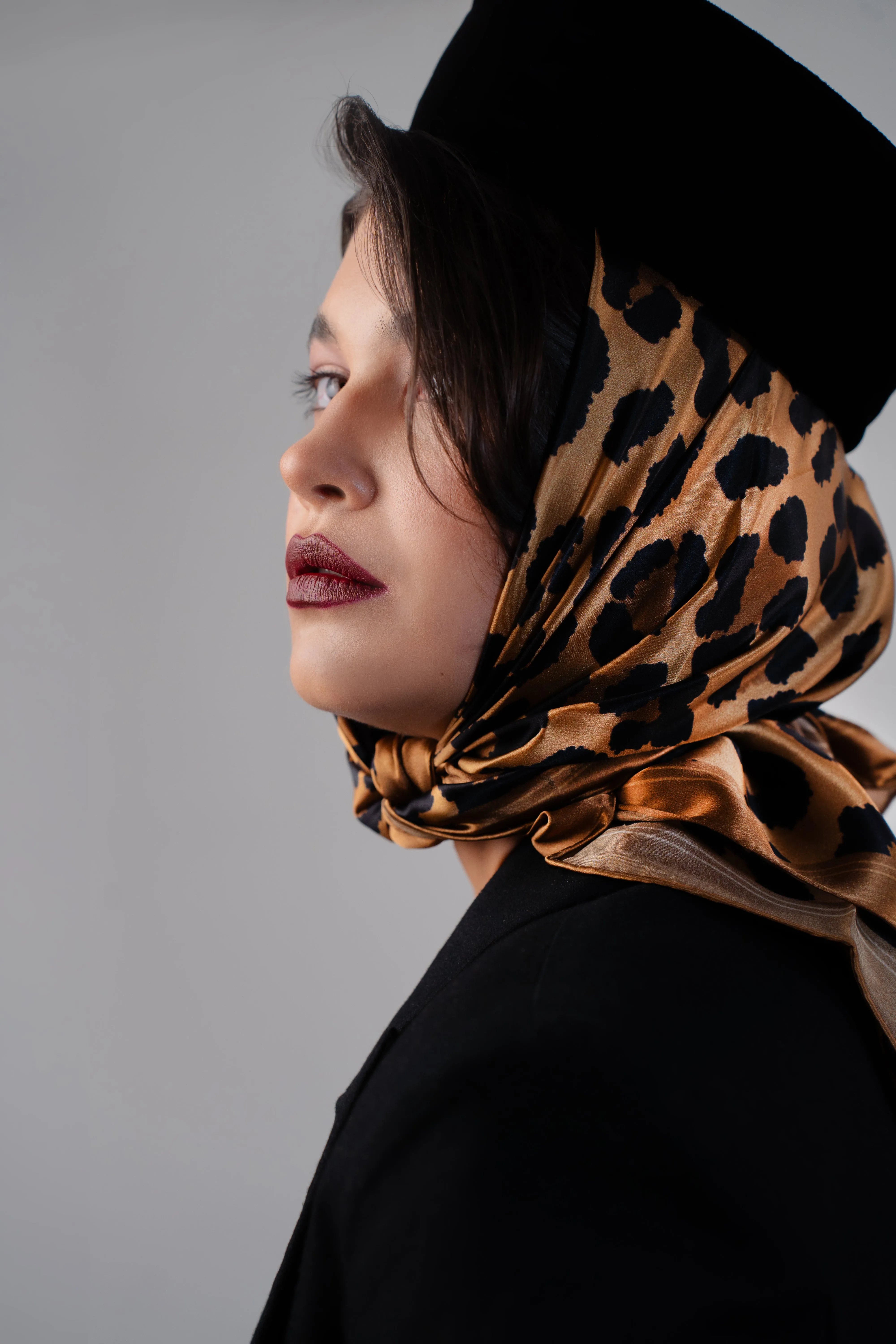 CHEETAH LUX Designer 100% Silk Scarf in Brown Black