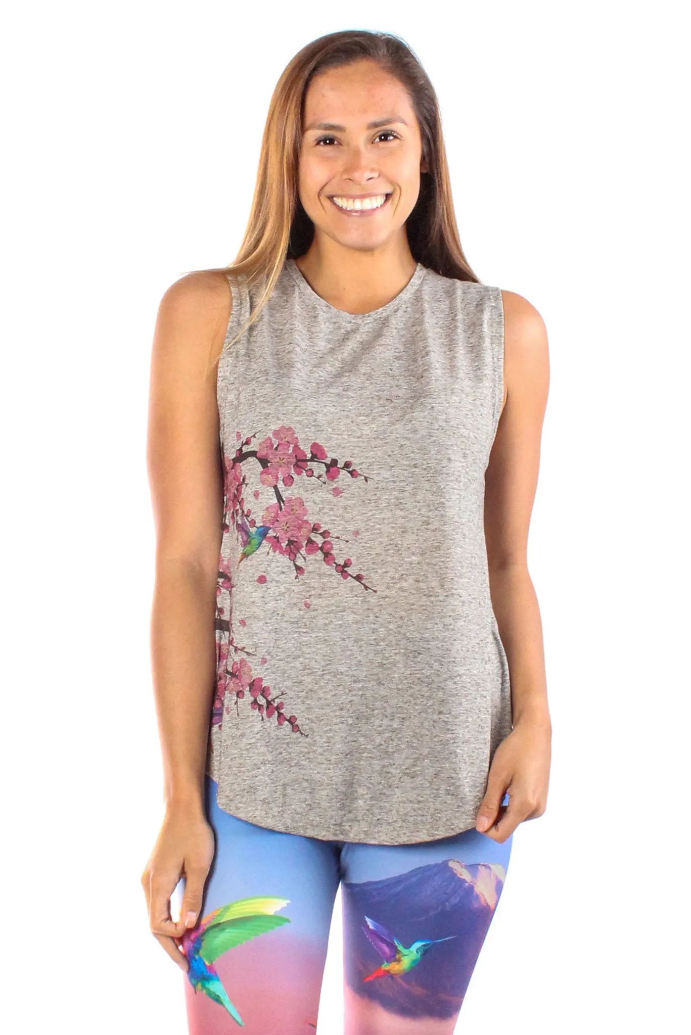 Cherry Blossoms With Hummingbirds Linen Blend Boyfriend Tee