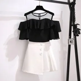 Chic Strap Off-Shoulder Shirt Skirt Two Piece Set