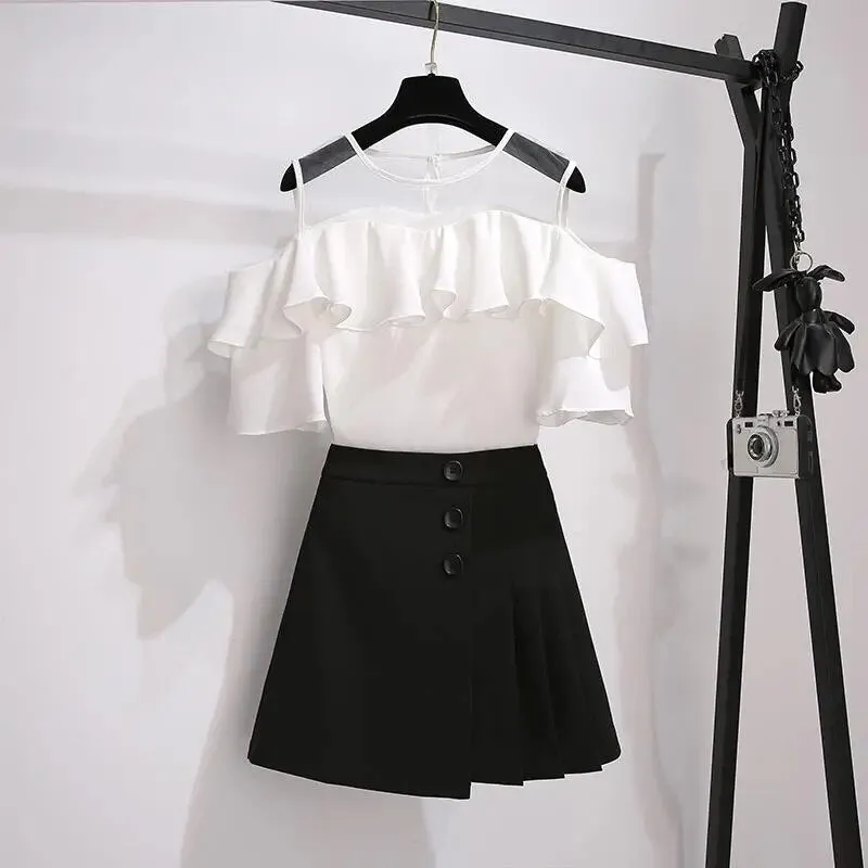 Chic Strap Off-Shoulder Shirt Skirt Two Piece Set