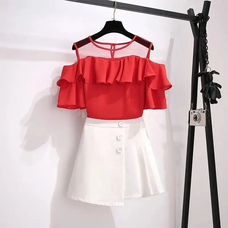 Chic Strap Off-Shoulder Shirt Skirt Two Piece Set