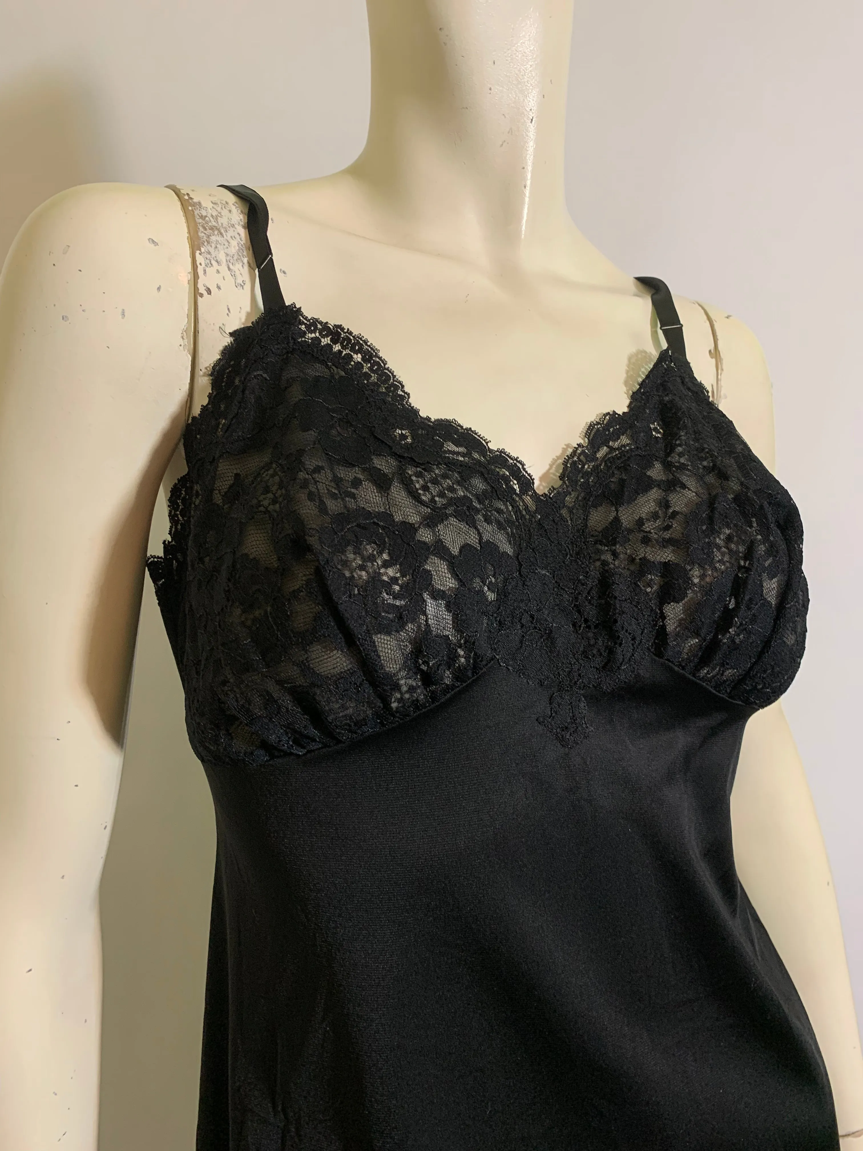 Classic Black Nylon and Lace Full Slip Wide Lace Hem circa 1960s