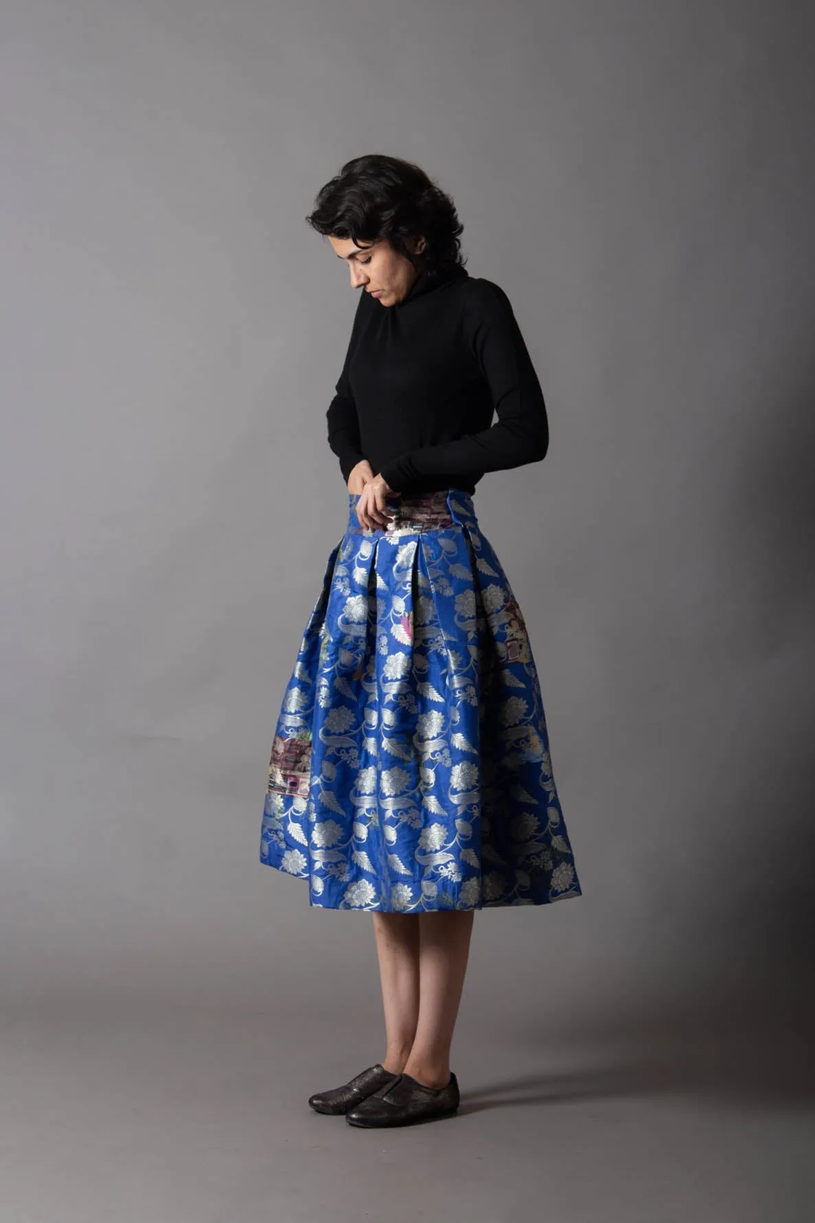 Cobalt Royal Box Pleated Midi Skirt Silk Brocade