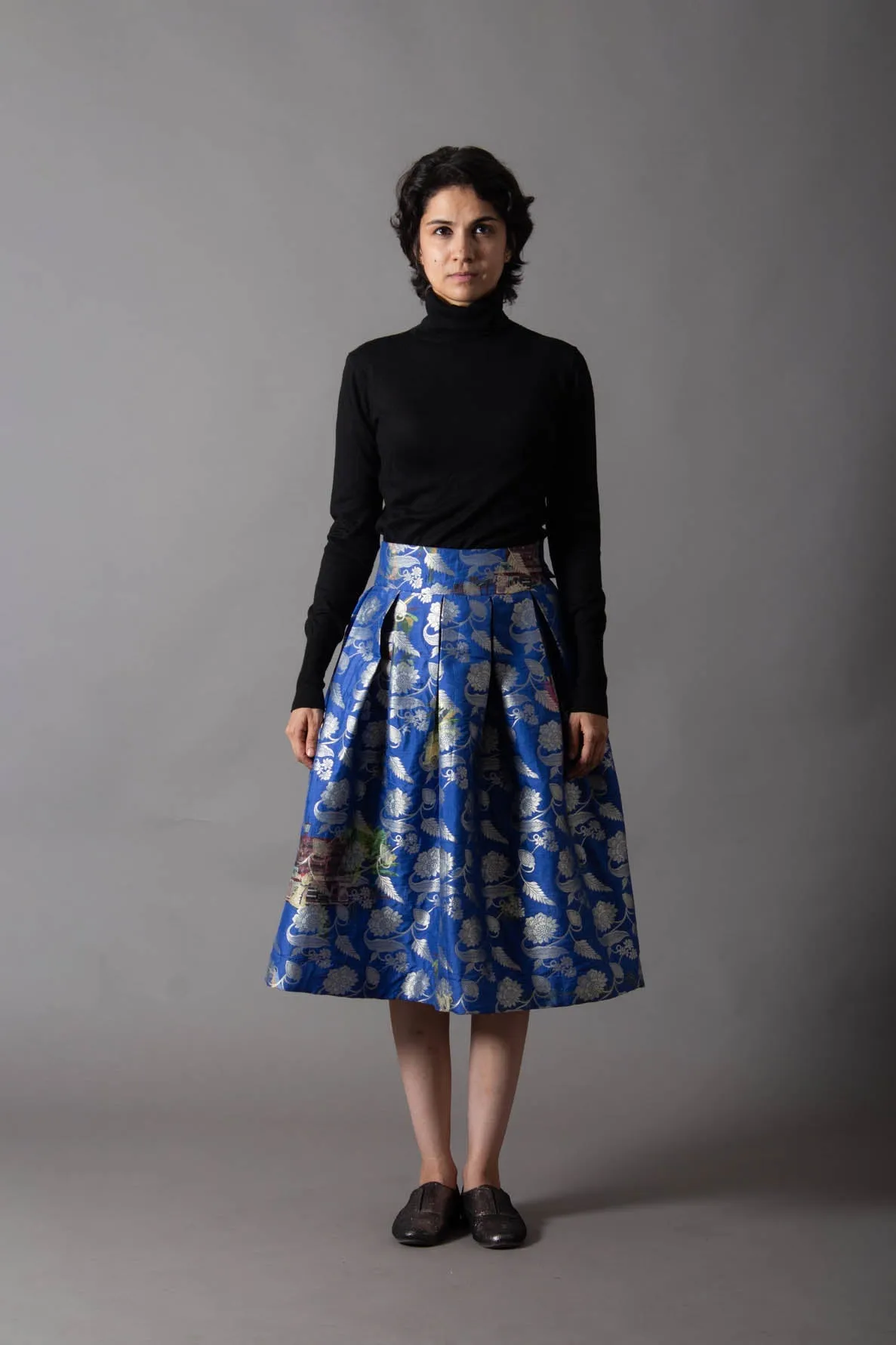 Cobalt Royal Box Pleated Midi Skirt Silk Brocade