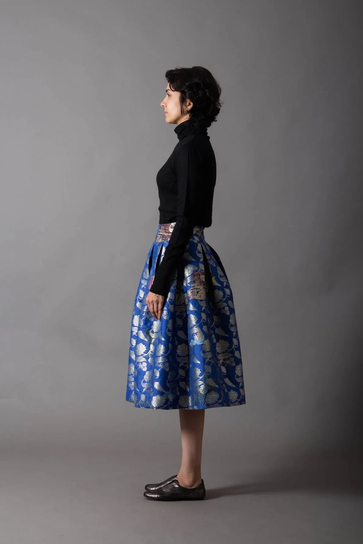 Cobalt Royal Box Pleated Midi Skirt Silk Brocade