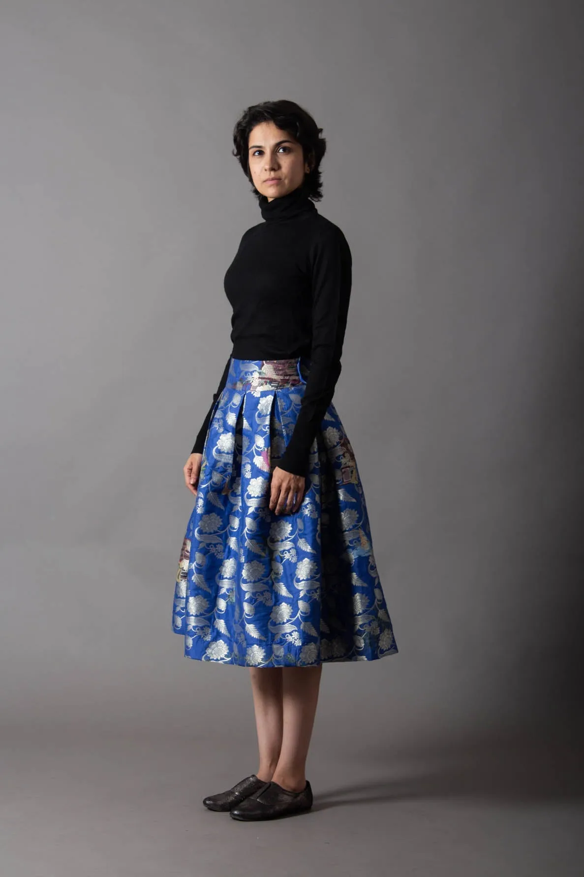 Cobalt Royal Box Pleated Midi Skirt Silk Brocade