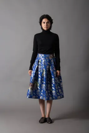 Cobalt Royal Box Pleated Midi Skirt Silk Brocade