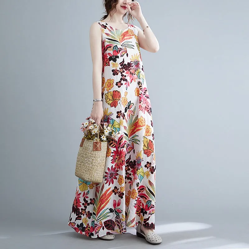 Cotton Linen Dress Loose Large Size Ethnic Style Retro Print Breathable Large Swing Camisole Robe