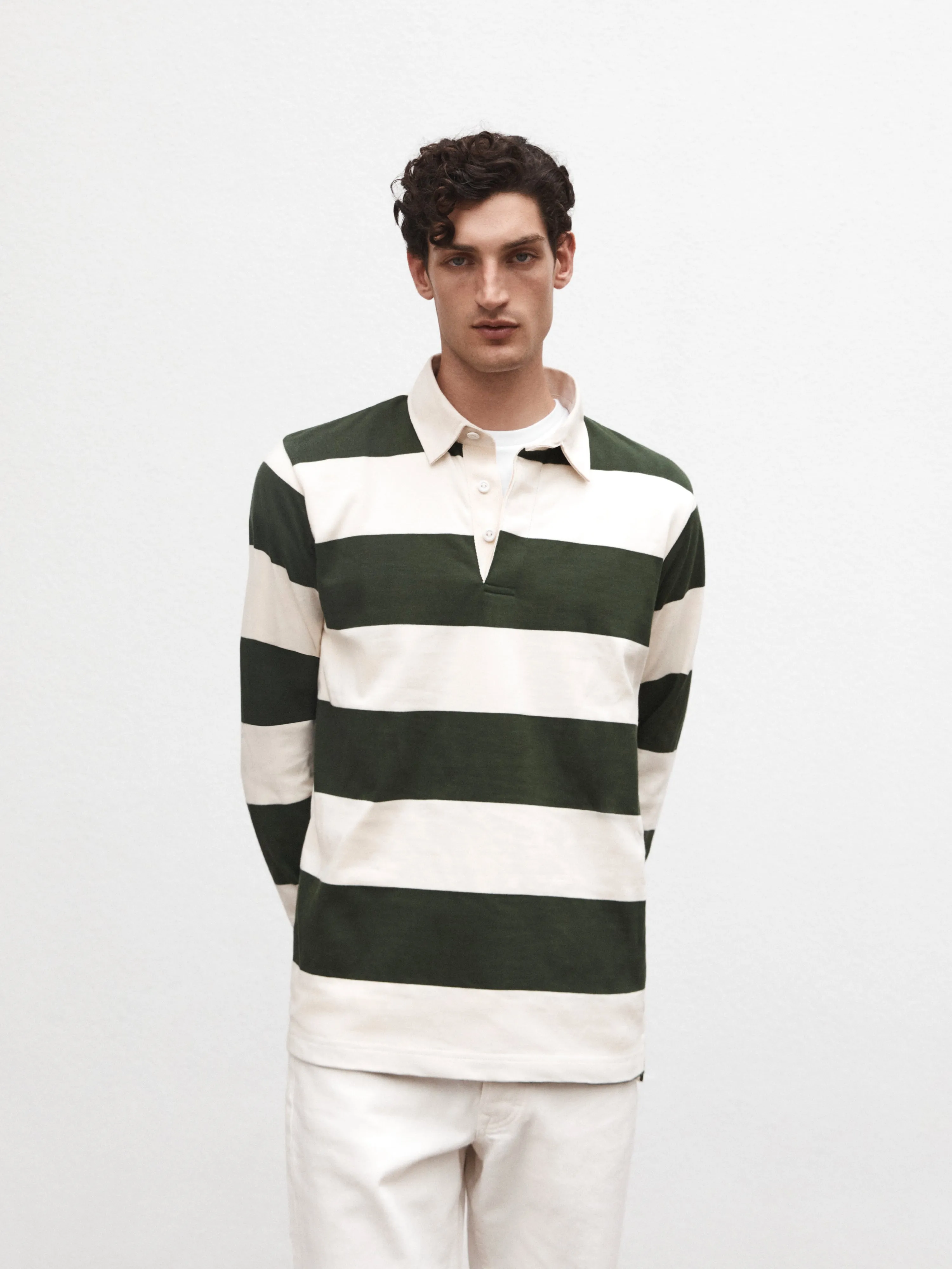 Cotton Rugby Shirt in Khaki Stripe