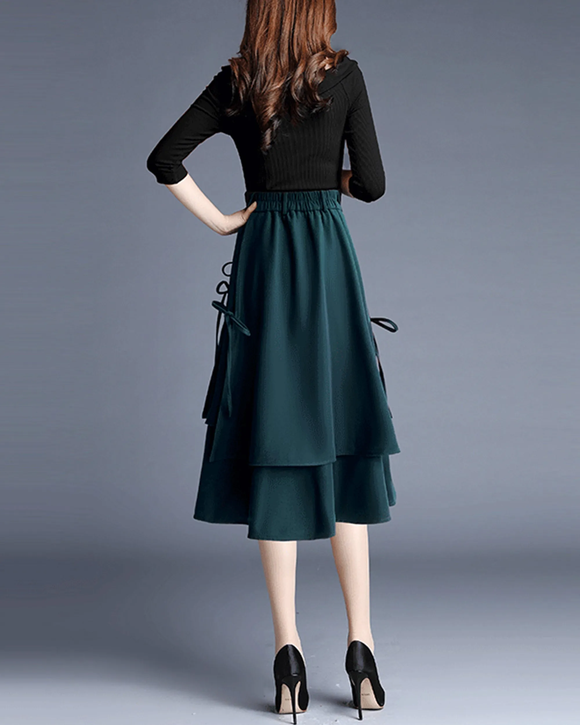 Cotton skirt/Midi skirt/a-line skirt/black skirt/elastic waist skirt/asymmetrical skirt/layered skirt L0058