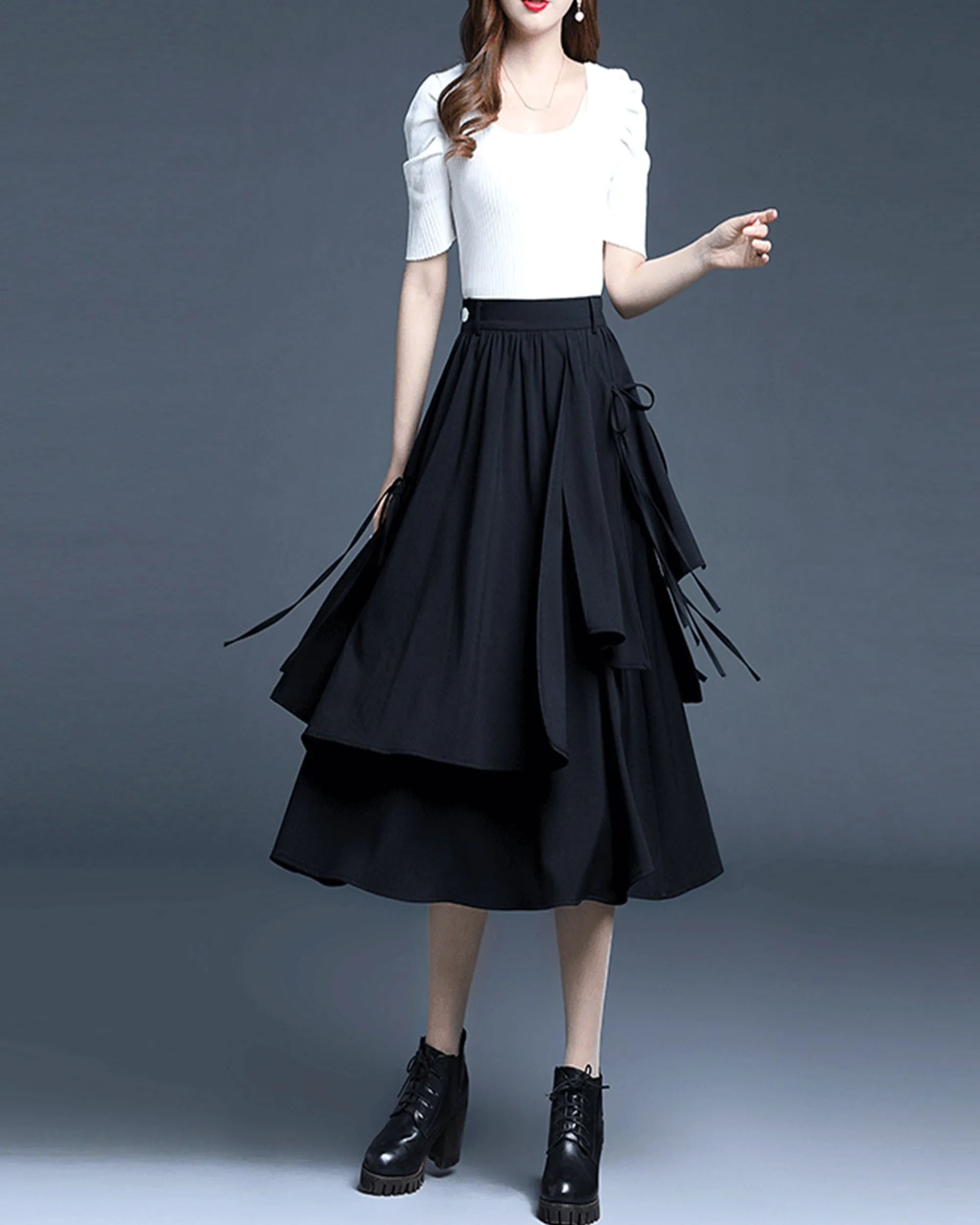 Cotton skirt/Midi skirt/a-line skirt/black skirt/elastic waist skirt/asymmetrical skirt/layered skirt L0058