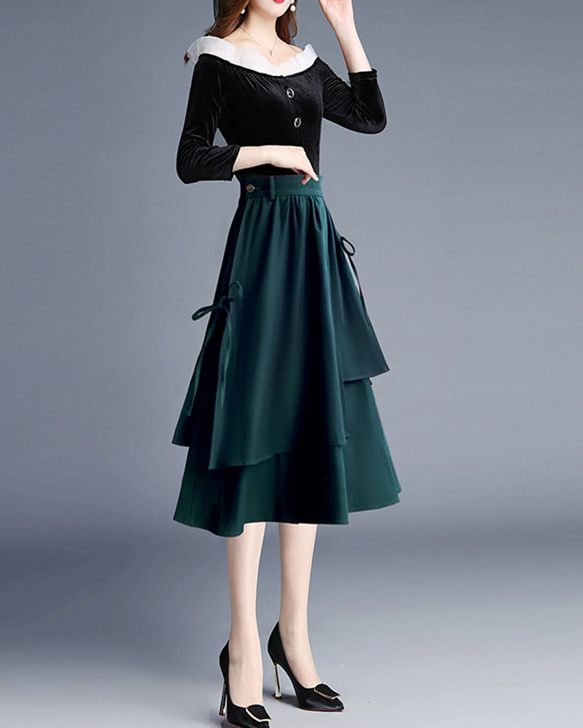 Cotton skirt/Midi skirt/a-line skirt/black skirt/elastic waist skirt/asymmetrical skirt/layered skirt L0058