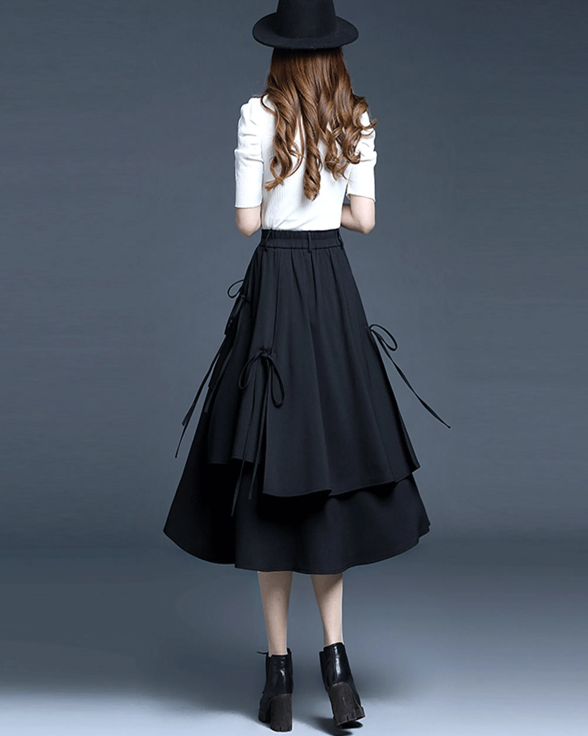 Cotton skirt/Midi skirt/a-line skirt/black skirt/elastic waist skirt/asymmetrical skirt/layered skirt L0058