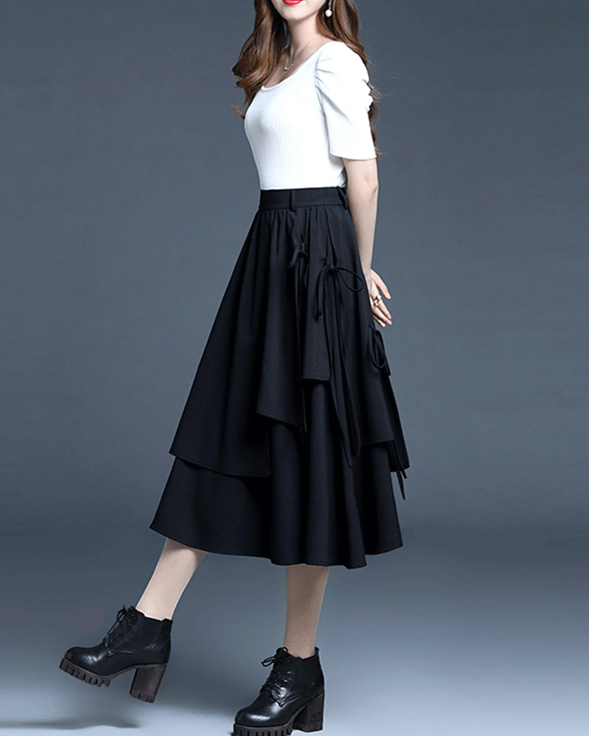 Cotton skirt/Midi skirt/a-line skirt/black skirt/elastic waist skirt/asymmetrical skirt/layered skirt L0058