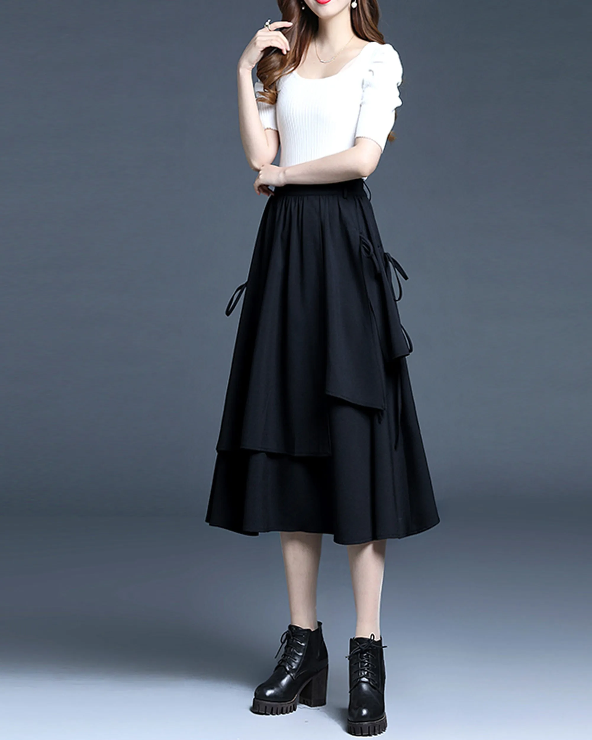 Cotton skirt/Midi skirt/a-line skirt/black skirt/elastic waist skirt/asymmetrical skirt/layered skirt L0058