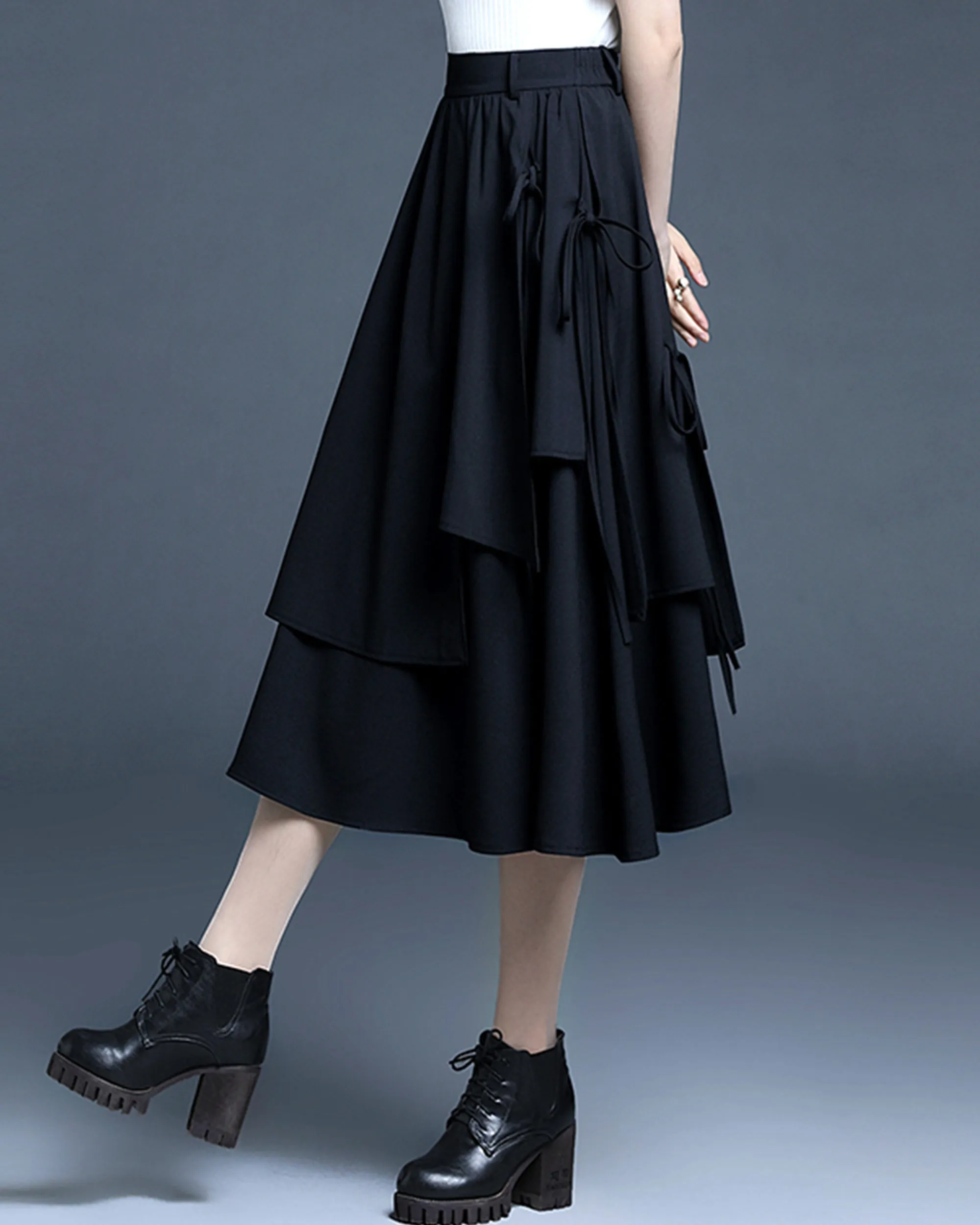 Cotton skirt/Midi skirt/a-line skirt/black skirt/elastic waist skirt/asymmetrical skirt/layered skirt L0058