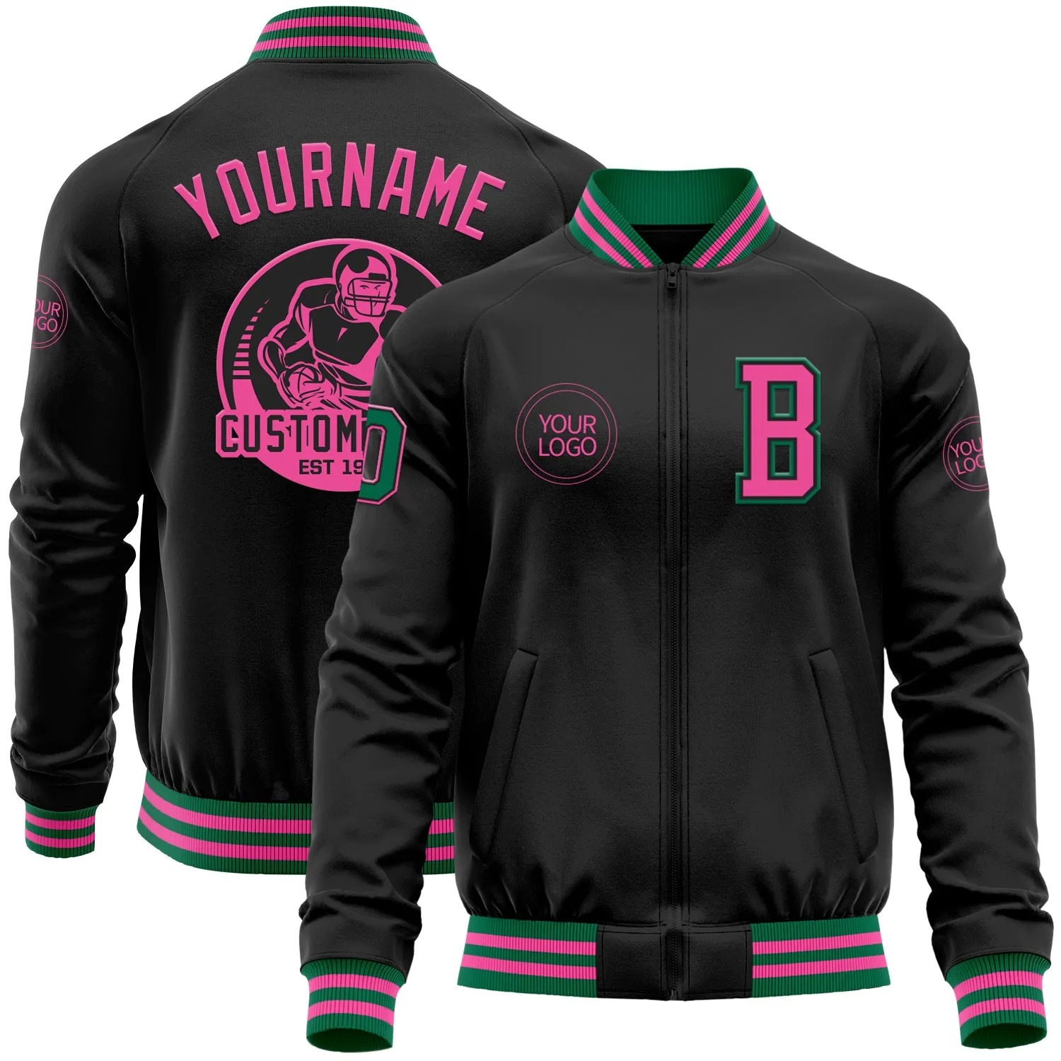 Custom Black Pink-Kelly Green Bomber Varsity Letterman Zipper Jacket