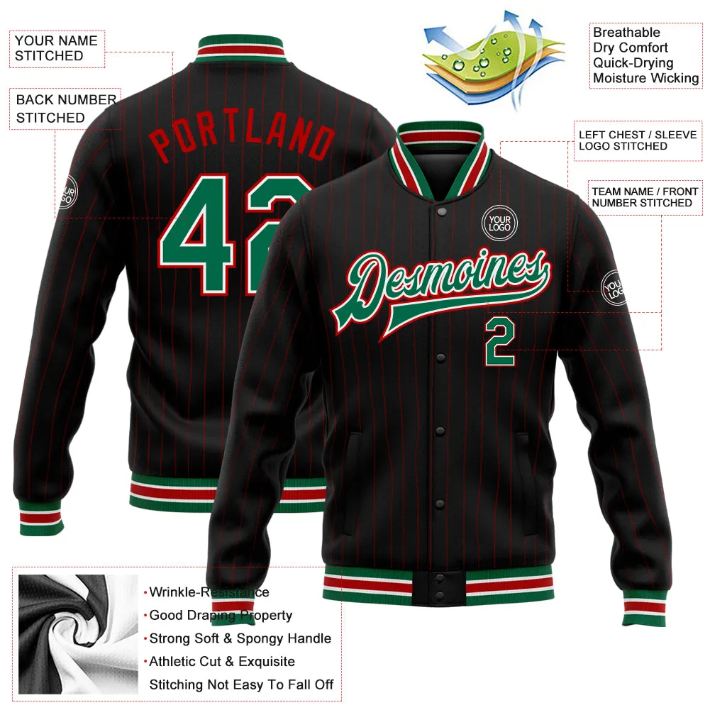 Custom Black Red Pinstripe Kelly Green-White Bomber Full-Snap Varsity Letterman Jacket