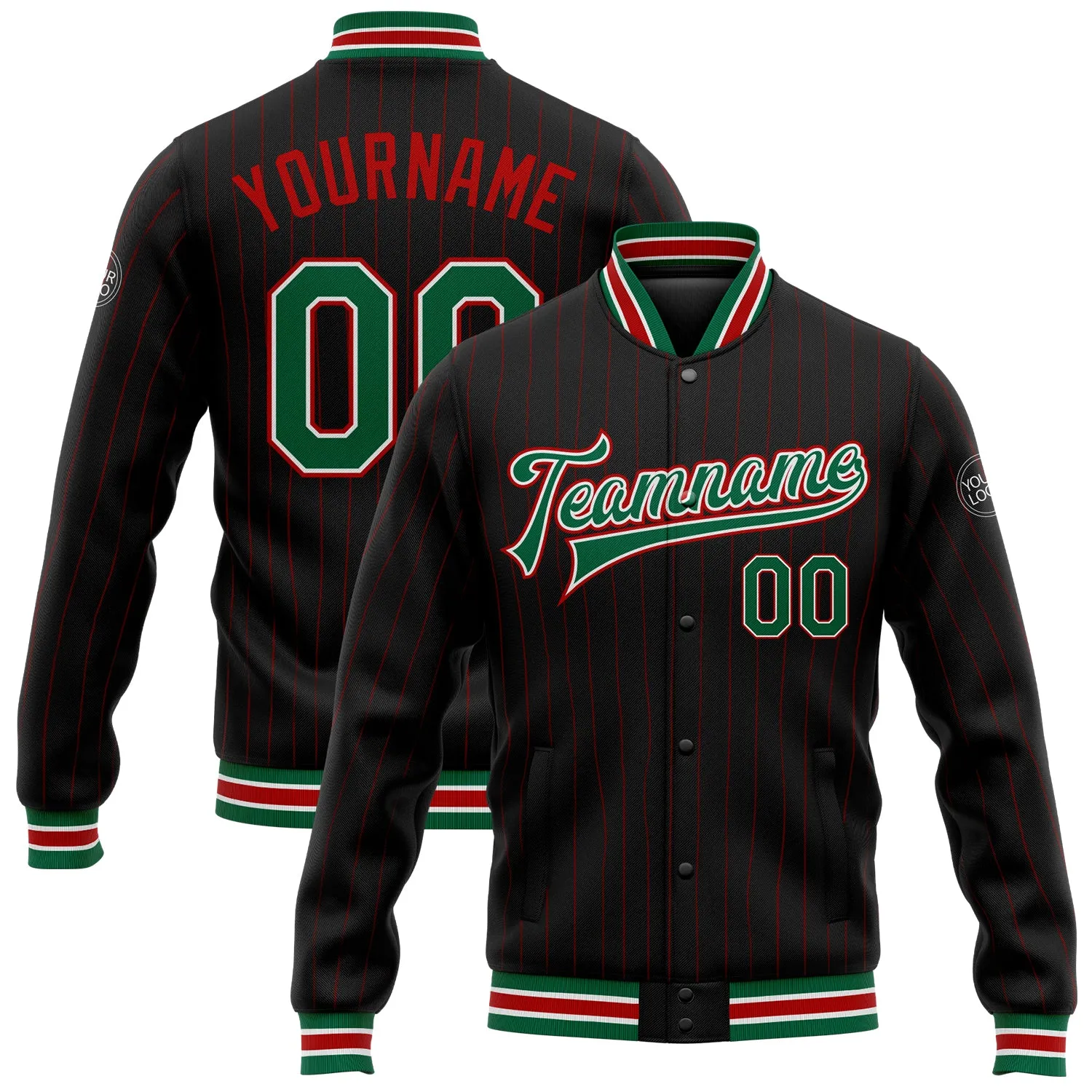 Custom Black Red Pinstripe Kelly Green-White Bomber Full-Snap Varsity Letterman Jacket