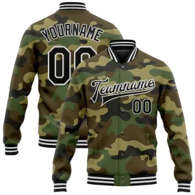 Custom Camo Black-White Bomber Full-Snap Varsity Letterman Salute To Service Jacket