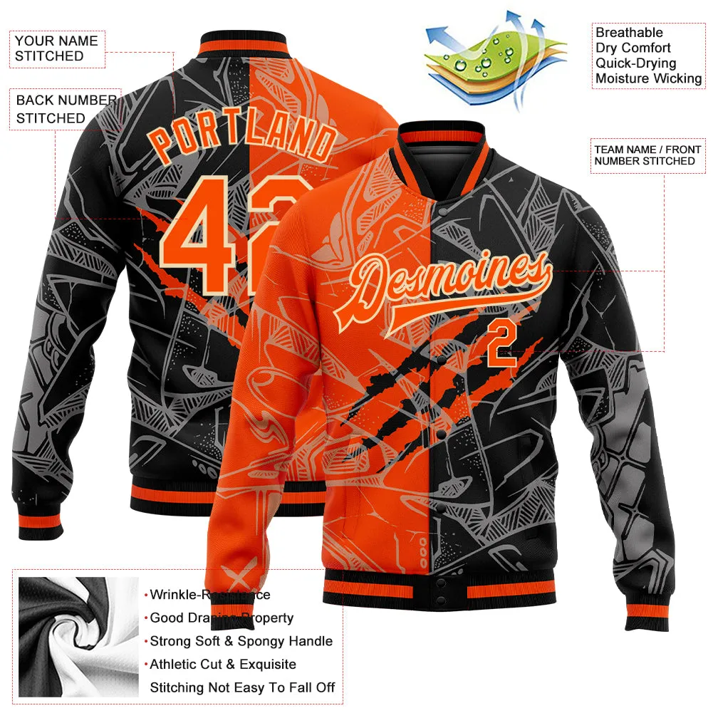 Custom Graffiti Pattern Orange Black-Cream Scratch 3D Bomber Full-Snap Varsity Letterman Jacket