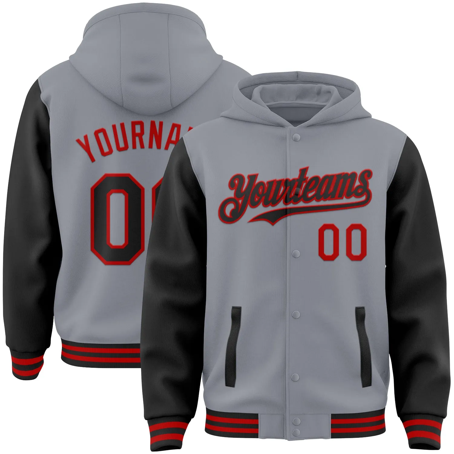 Custom Gray Black-Red Bomber Full-Snap Varsity Letterman Two Tone Hoodie Jacket