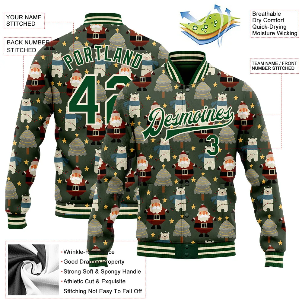 Custom Green Green-Cream Christmas 3D Bomber Full-Snap Varsity Letterman Jacket