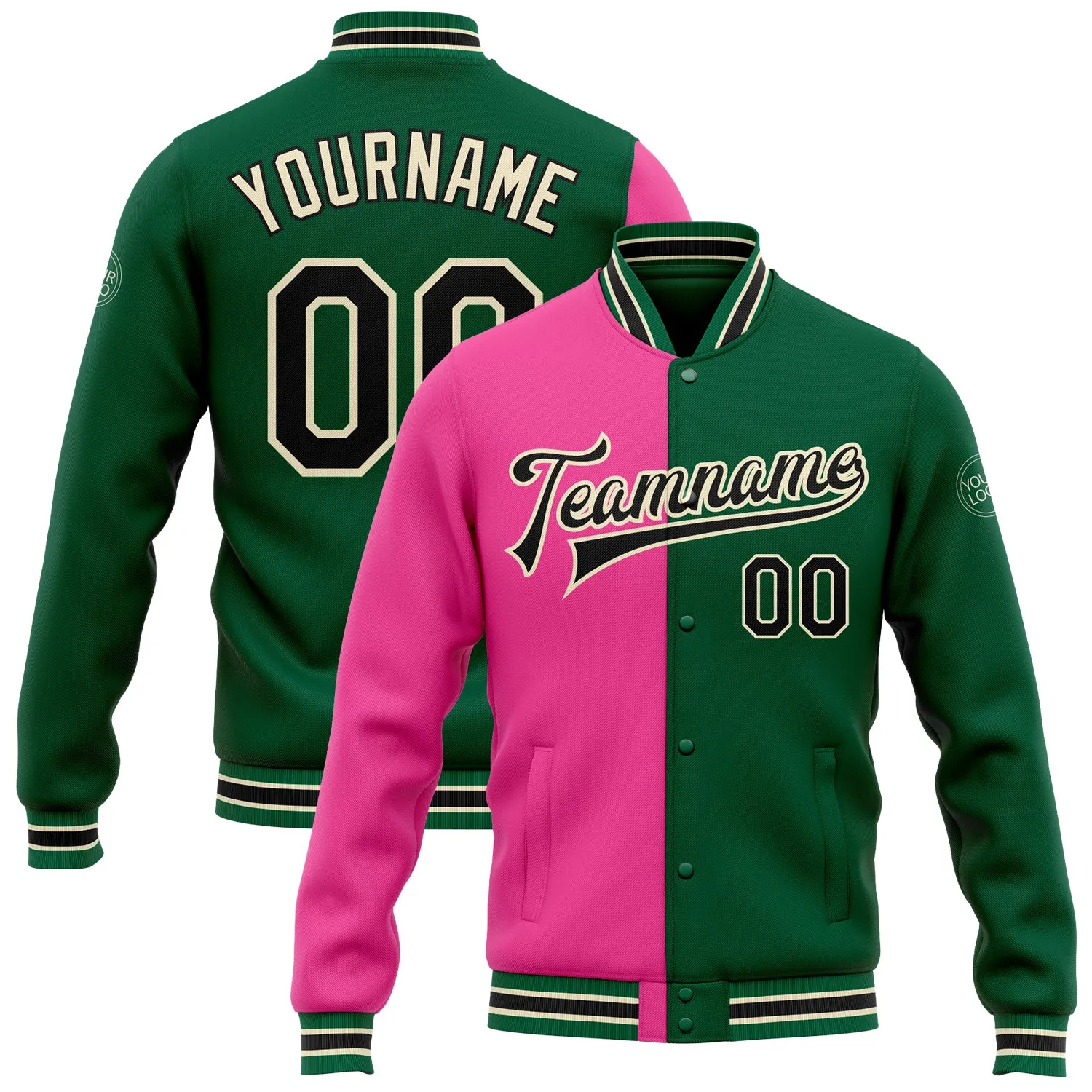 Custom Kelly Green Black Pink-Cream Bomber Full-Snap Varsity Letterman Split Fashion Jacket