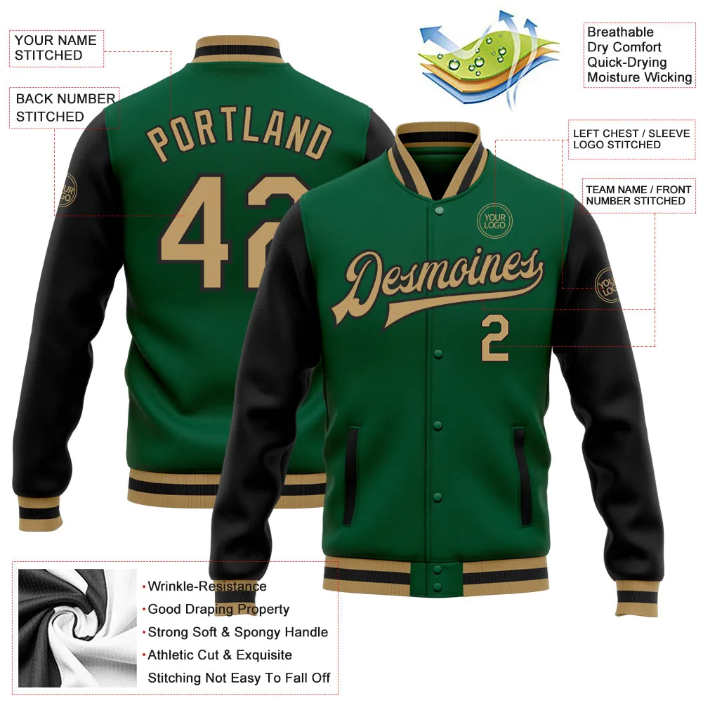 Custom Kelly Green Old Gold-Black Bomber Full-Snap Varsity Letterman Two Tone Jacket