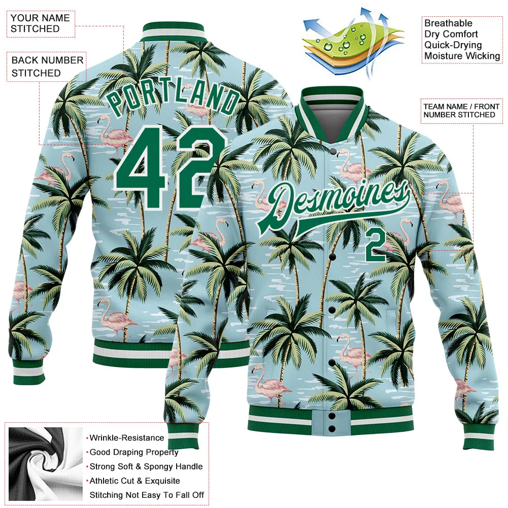 Custom Lakes Blue Kelly Green-White Flamingo And Tropical Hawaii Palm Tree 3D Bomber Full-Snap Varsity Letterman Jacket