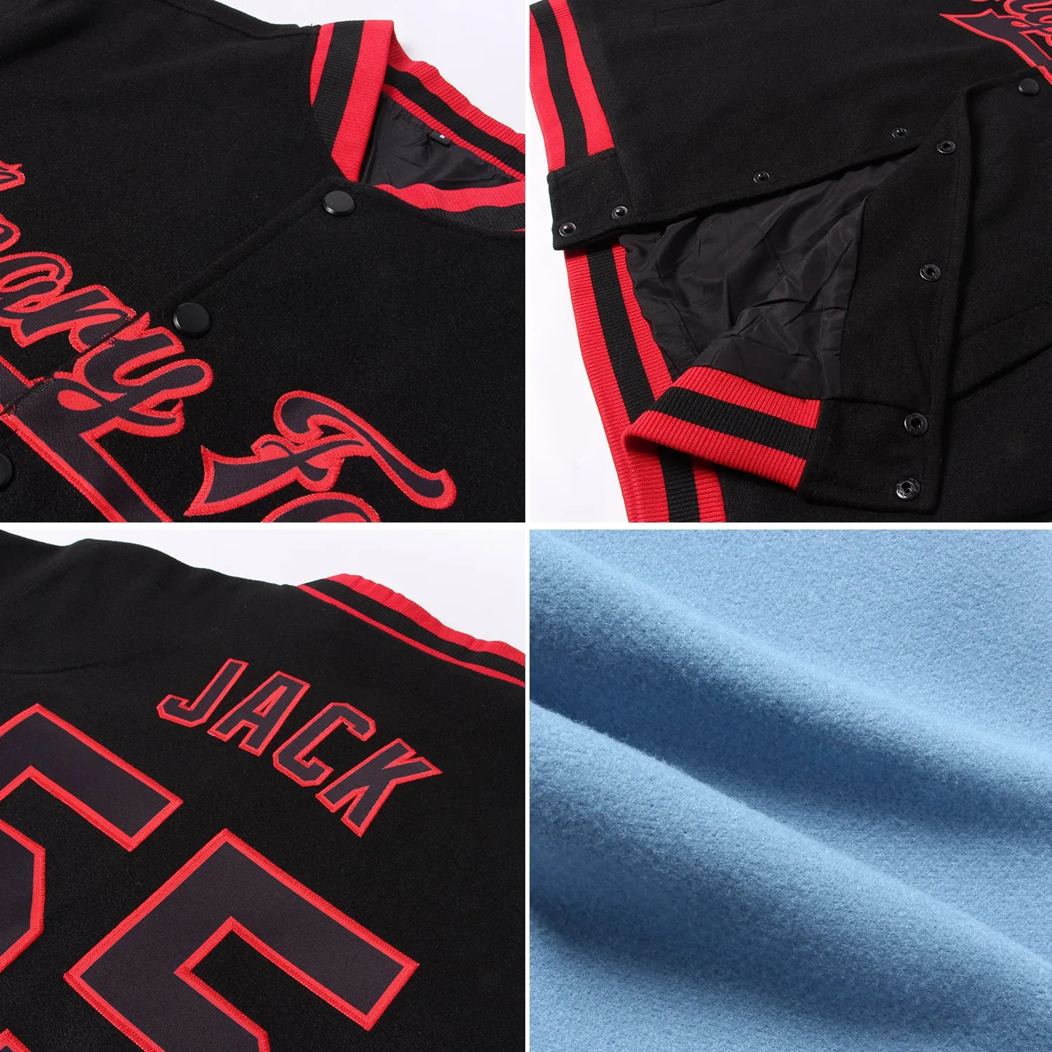 Custom Light Blue Black Red-Cream Bomber Full-Snap Varsity Letterman Split Fashion Jacket