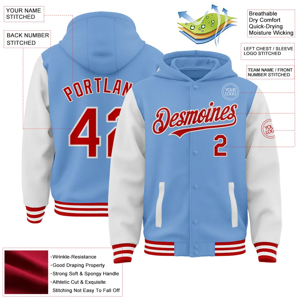 Custom Light Blue Red-White Bomber Full-Snap Varsity Letterman Two Tone Hoodie Jacket