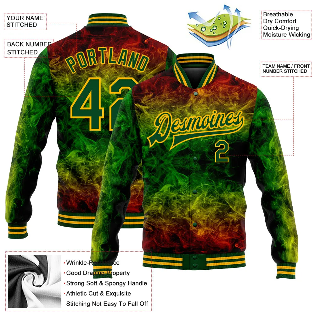 Custom Red Green-Gold Black History Month 3D Pattern Design Bomber Full-Snap Varsity Letterman Jacket