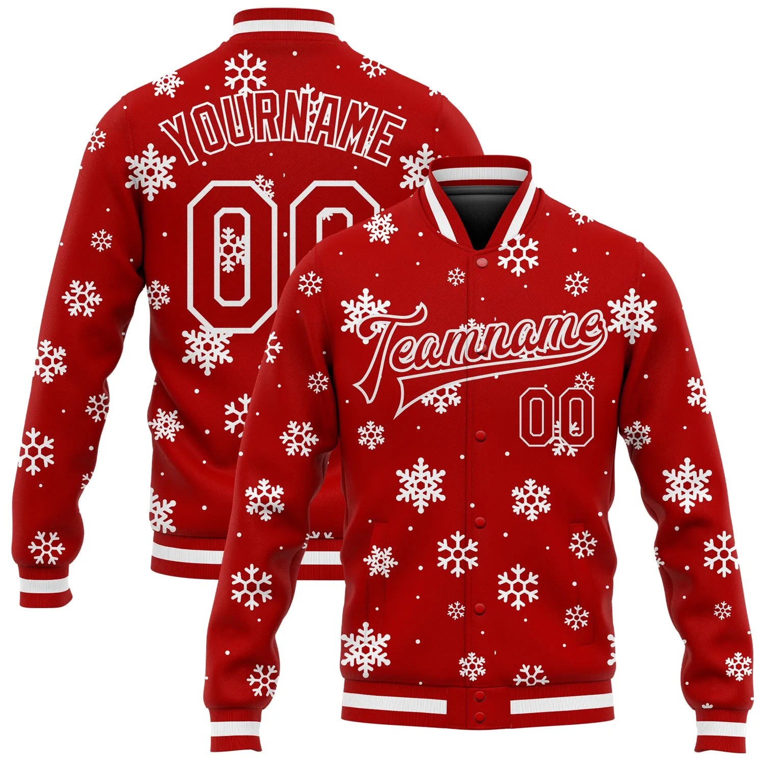 Custom Red White Christmas 3D Bomber Full-Snap Varsity Letterman Jacket