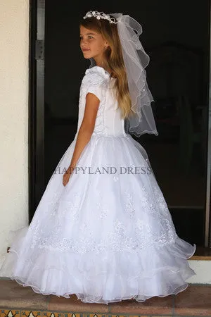 D1303 Embroidered Satin with Organza Communion Dress (White Only)