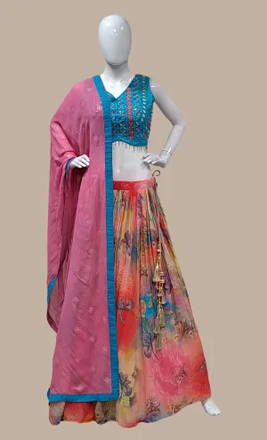 Deep Coral Embroidered Chania Choli Set