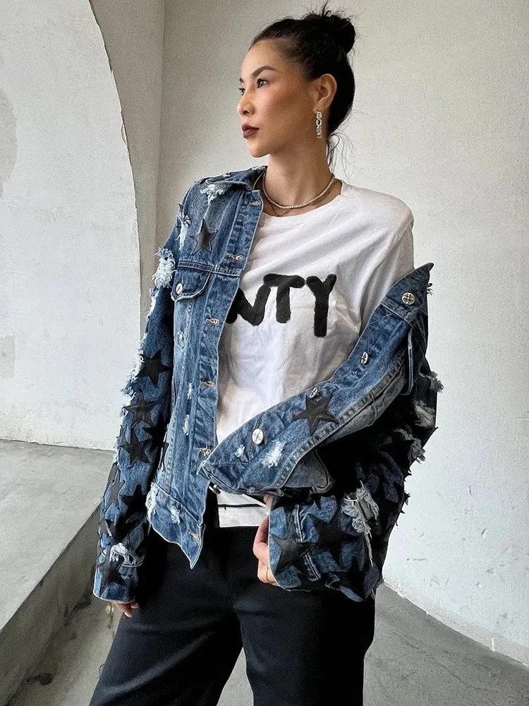 Denim Patchwork Strar Jacket For Women Lapel Long Sleeve Single Breasted Streetwear Jackets Female Fashion Clothing