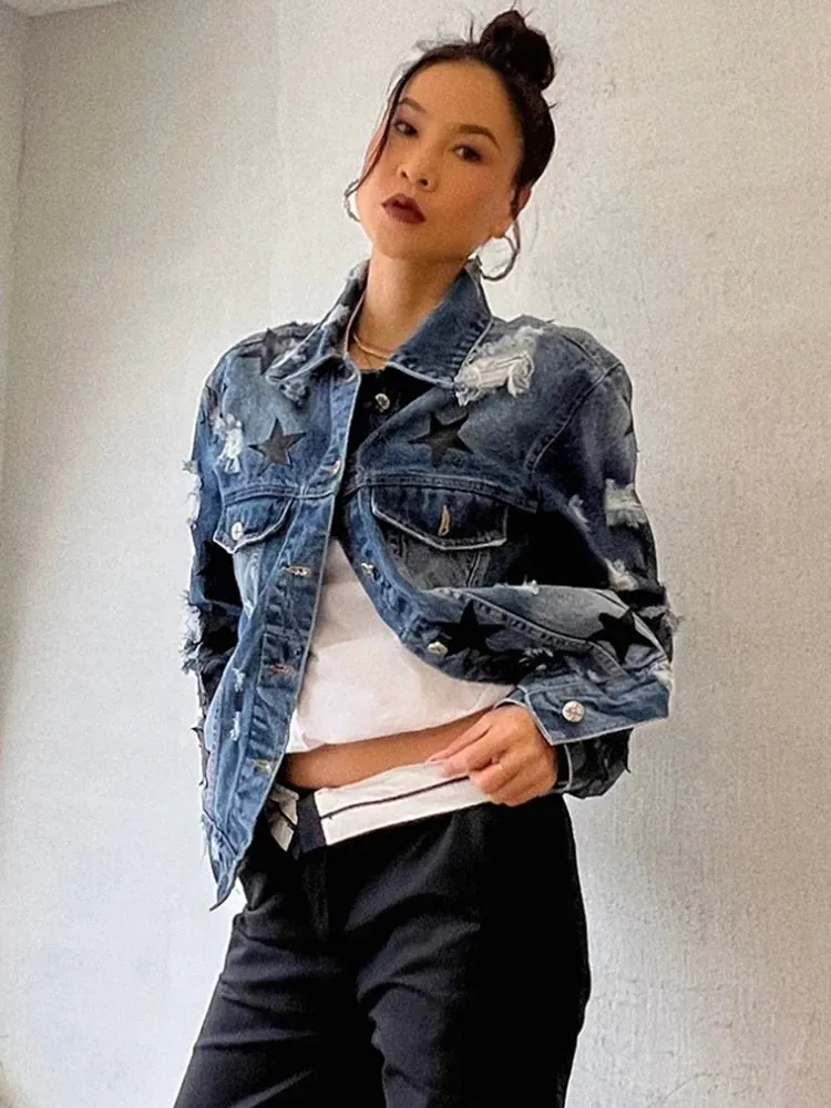 Denim Patchwork Strar Jacket For Women Lapel Long Sleeve Single Breasted Streetwear Jackets Female Fashion Clothing