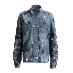 Denim Patchwork Strar Jacket For Women Lapel Long Sleeve Single Breasted Streetwear Jackets Female Fashion Clothing