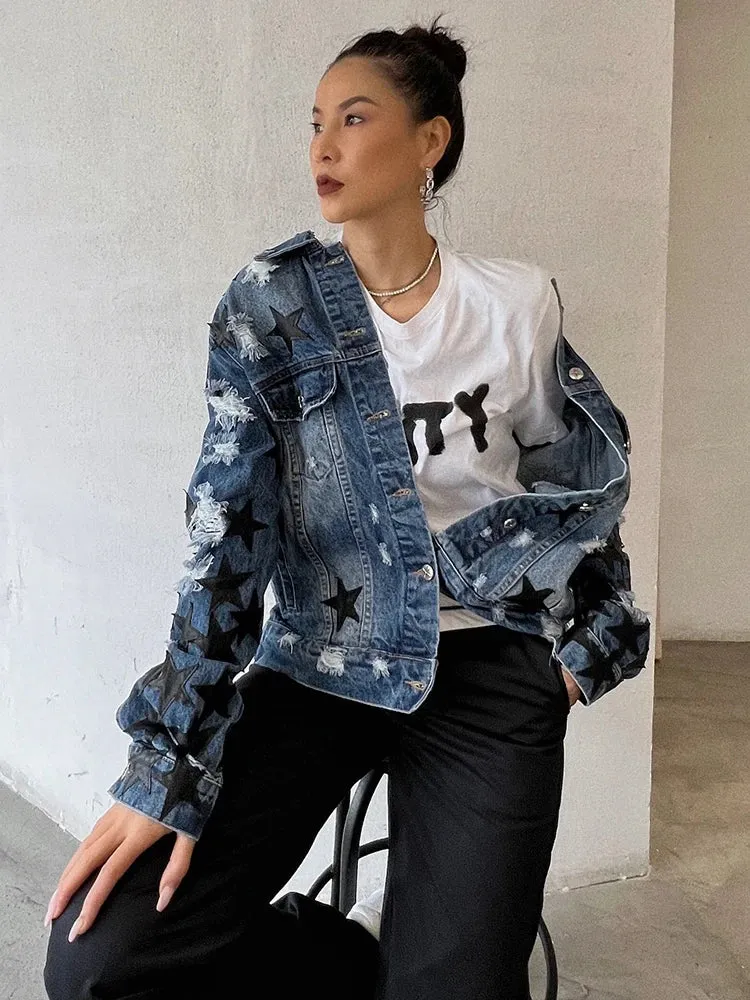 Denim Patchwork Strar Jacket For Women Lapel Long Sleeve Single Breasted Streetwear Jackets Female Fashion Clothing