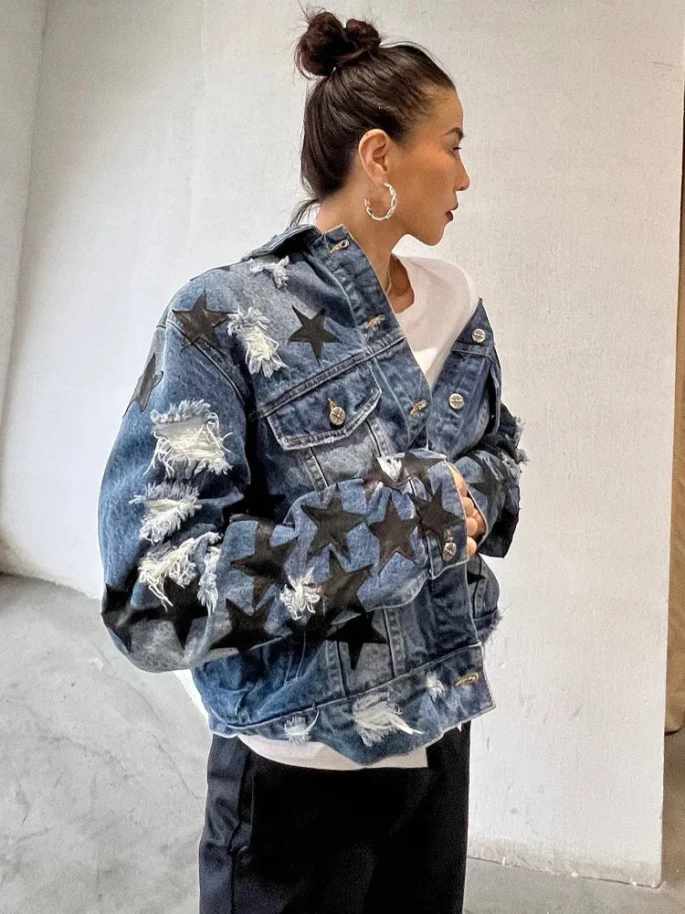 Denim Patchwork Strar Jacket For Women Lapel Long Sleeve Single Breasted Streetwear Jackets Female Fashion Clothing