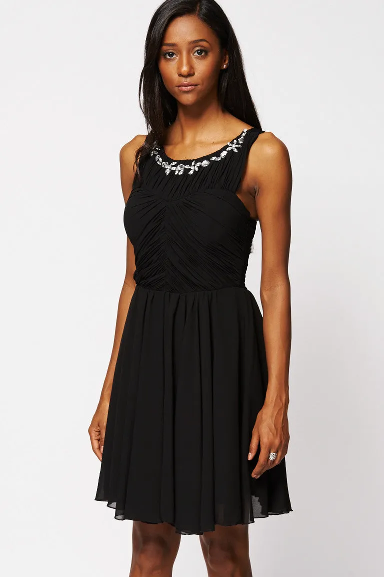 Diamante Detailed Black Short Chiffon Prom Dress