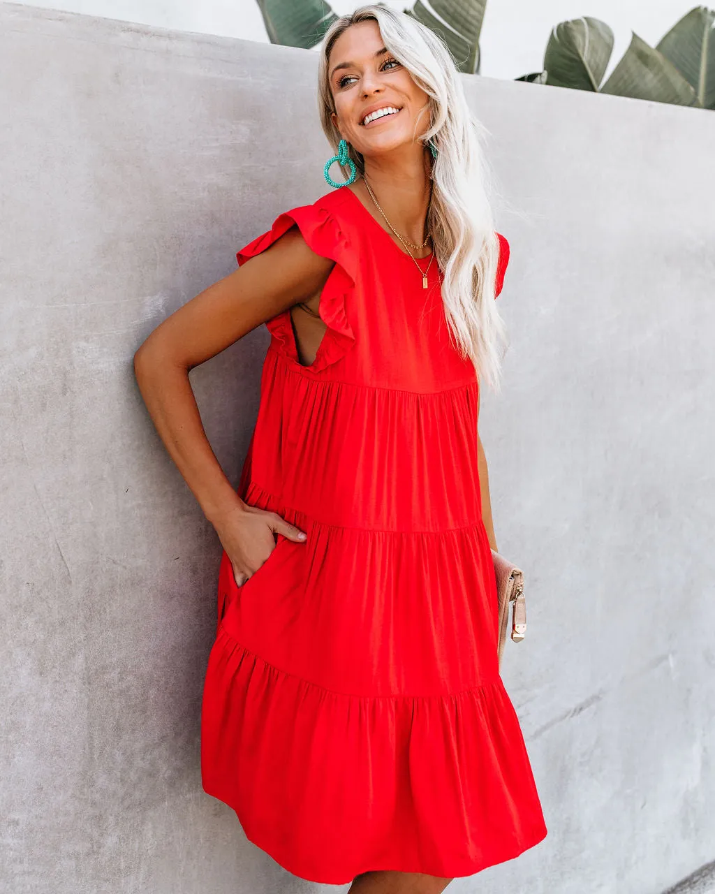 East Coast Pocketed Tiered Babydoll Dress - Red