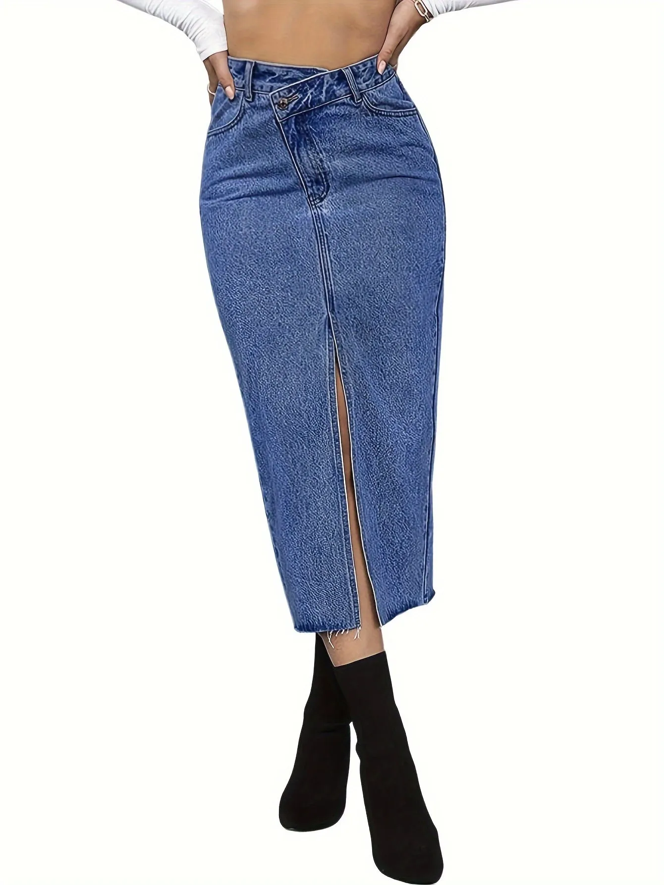 Elegant Asymmetrical Denim Skirt - Chic Bodycon, Solid & Non-Sheer, Easy-Care for Year-Round Style