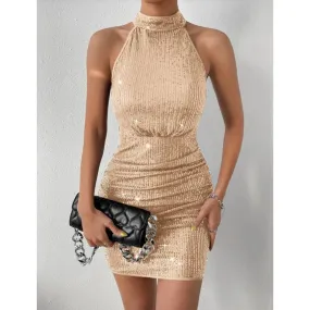 European And American Style Women Halter Pleated Sequins Tight Dress