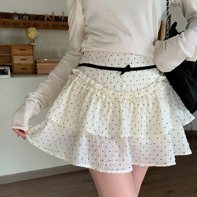 Fairycore Ruffle Lace Bow Layered Dot Skirt