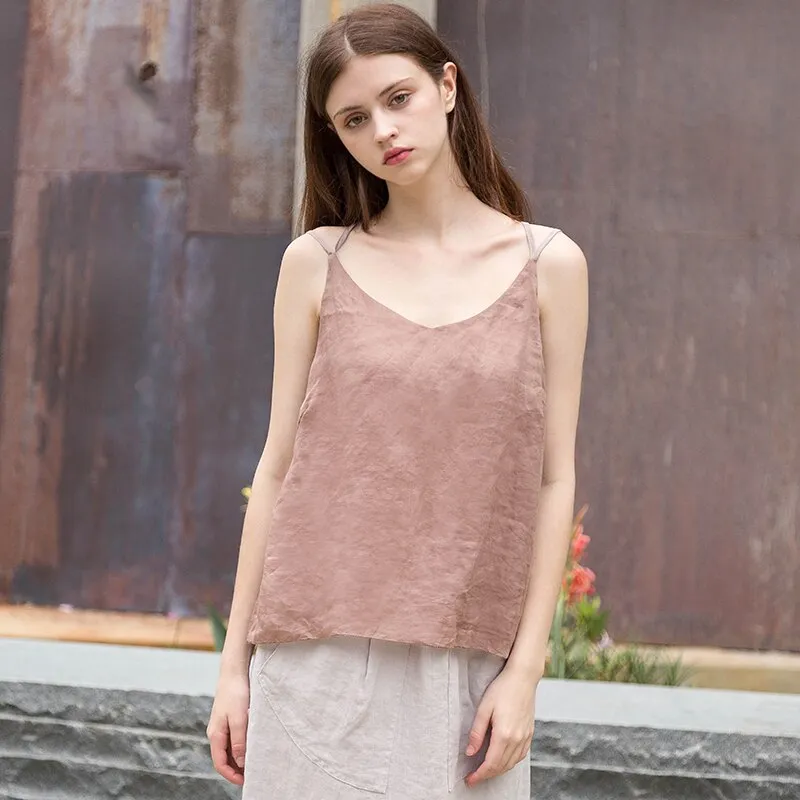 Fashionkova Ladies Cotton And Linen Camisole Summer New Style Back Cross Loose Backless Womens Linen Tops