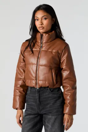 Faux Leather Cropped Puffer Jacket