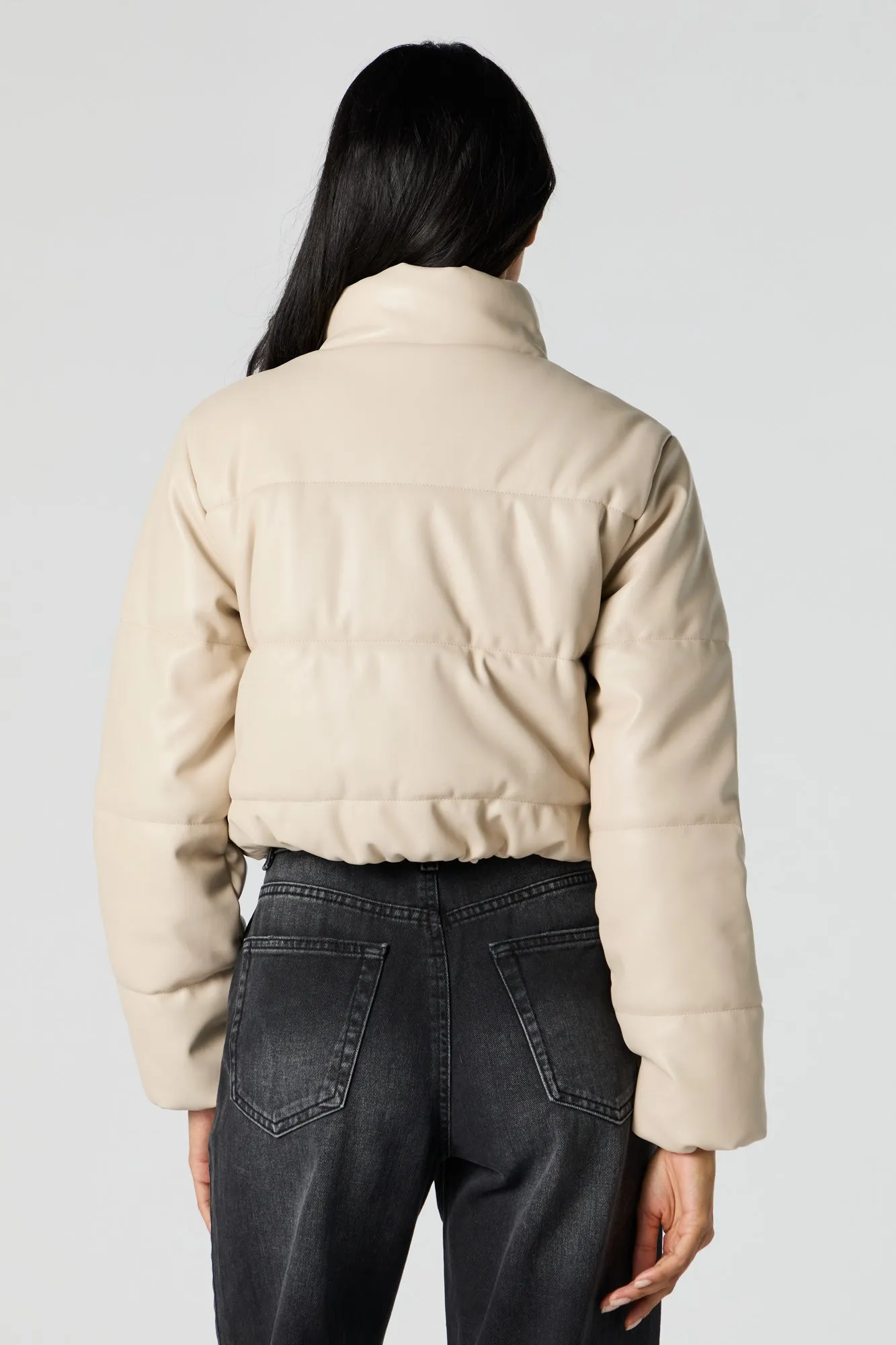 Faux Leather Cropped Puffer Jacket